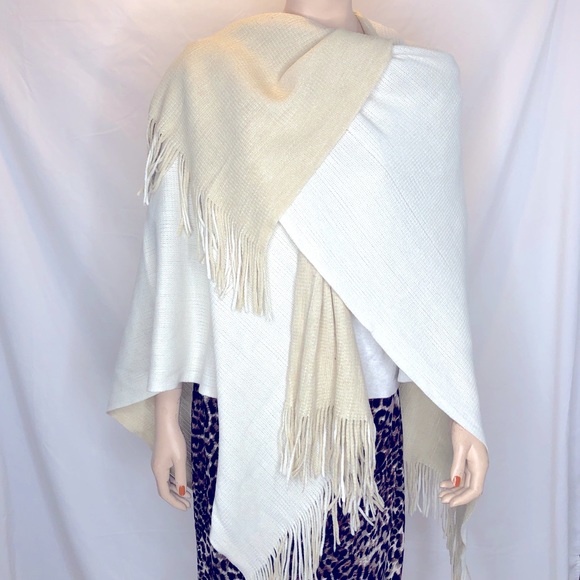 New York & Company Cream & Tan Fringe Ruana Wrap